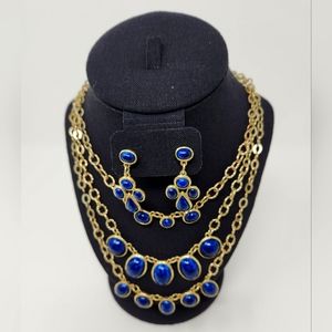 Chicos Necklace Blue Stones - Gold Necklace & Earrings Set